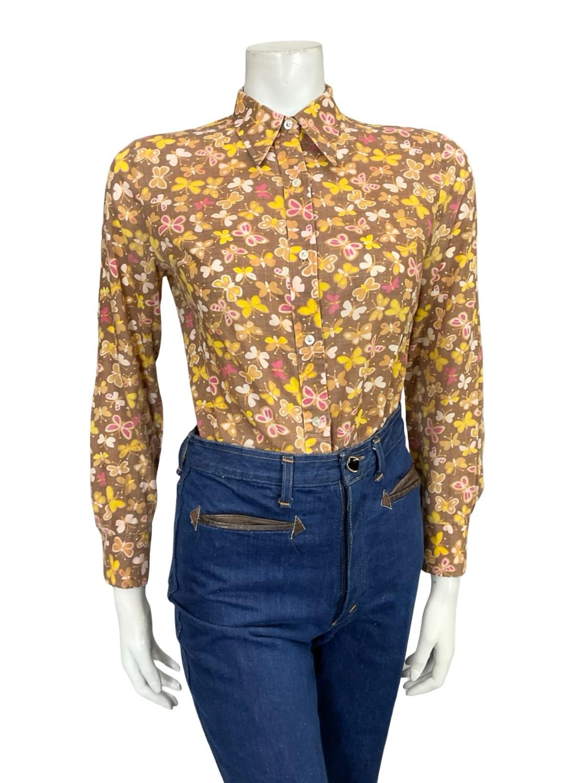 VTG 60S 70S YELLOW WHITE BROWN PINK BEIGE BUTTERFLY MOD DAGGER SHIRT 10 12
