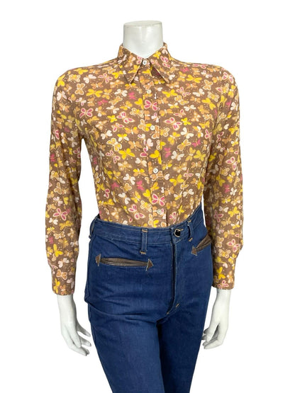 VTG 60S 70S YELLOW WHITE BROWN PINK BEIGE BUTTERFLY MOD DAGGER SHIRT 10 12