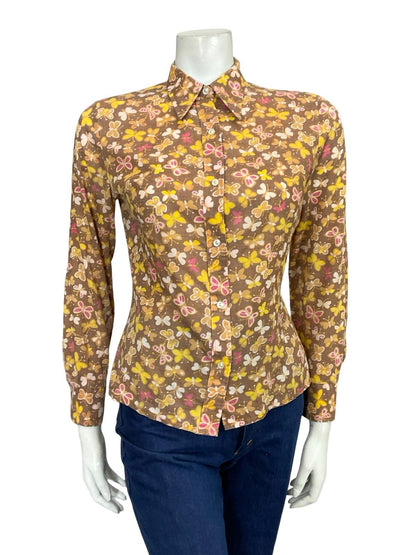 VTG 60S 70S YELLOW WHITE BROWN PINK BEIGE BUTTERFLY MOD DAGGER SHIRT 10 12
