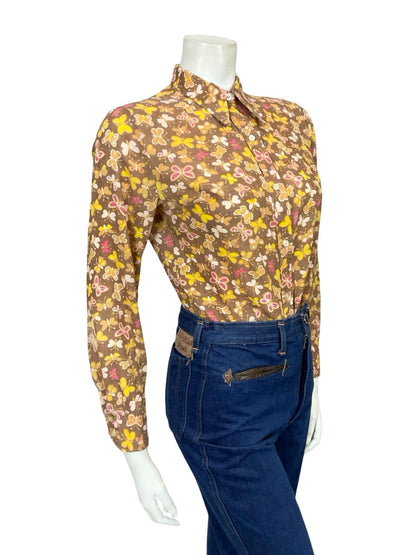 VTG 60S 70S YELLOW WHITE BROWN PINK BEIGE BUTTERFLY MOD DAGGER SHIRT 10 12