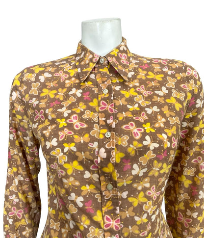 VTG 60S 70S YELLOW WHITE BROWN PINK BEIGE BUTTERFLY MOD DAGGER SHIRT 10 12