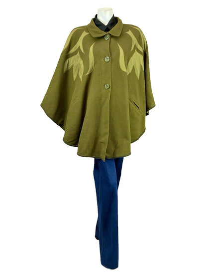 VTG 70S 80S OLIVE GREEN PSYCHEDELIC APPLIQUE BOHO WOOL FELT CAPE 18 16 L