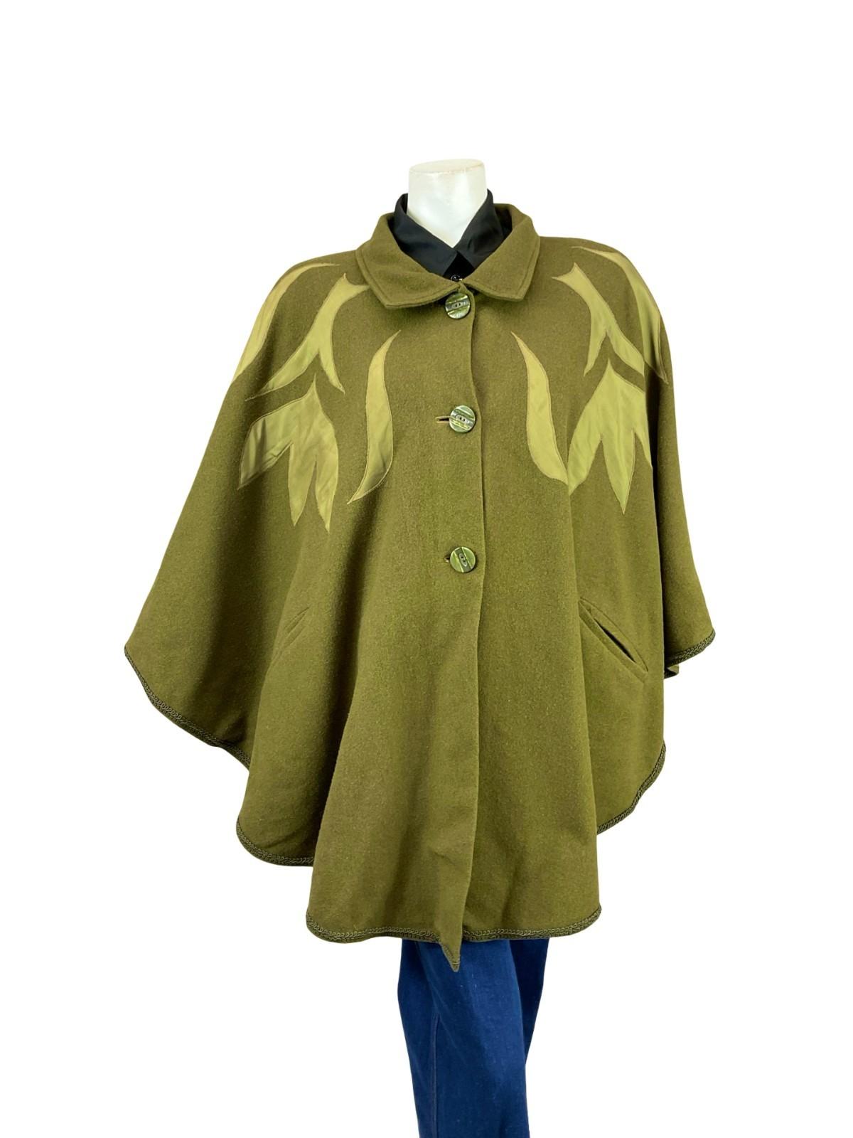 VTG 70S 80S OLIVE GREEN PSYCHEDELIC APPLIQUE BOHO WOOL FELT CAPE 18 16 L