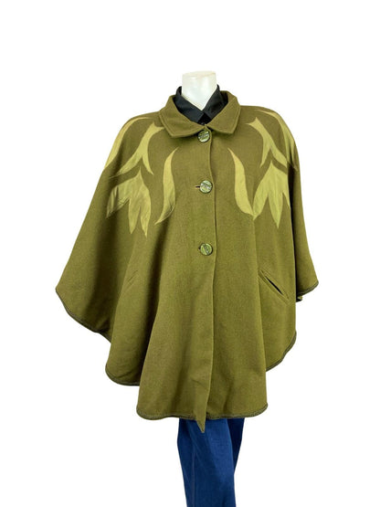 VTG 70S 80S OLIVE GREEN PSYCHEDELIC APPLIQUE BOHO WOOL FELT CAPE 18 16 L