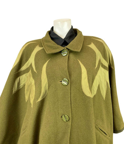 VTG 70S 80S OLIVE GREEN PSYCHEDELIC APPLIQUE BOHO WOOL FELT CAPE 18 16 L