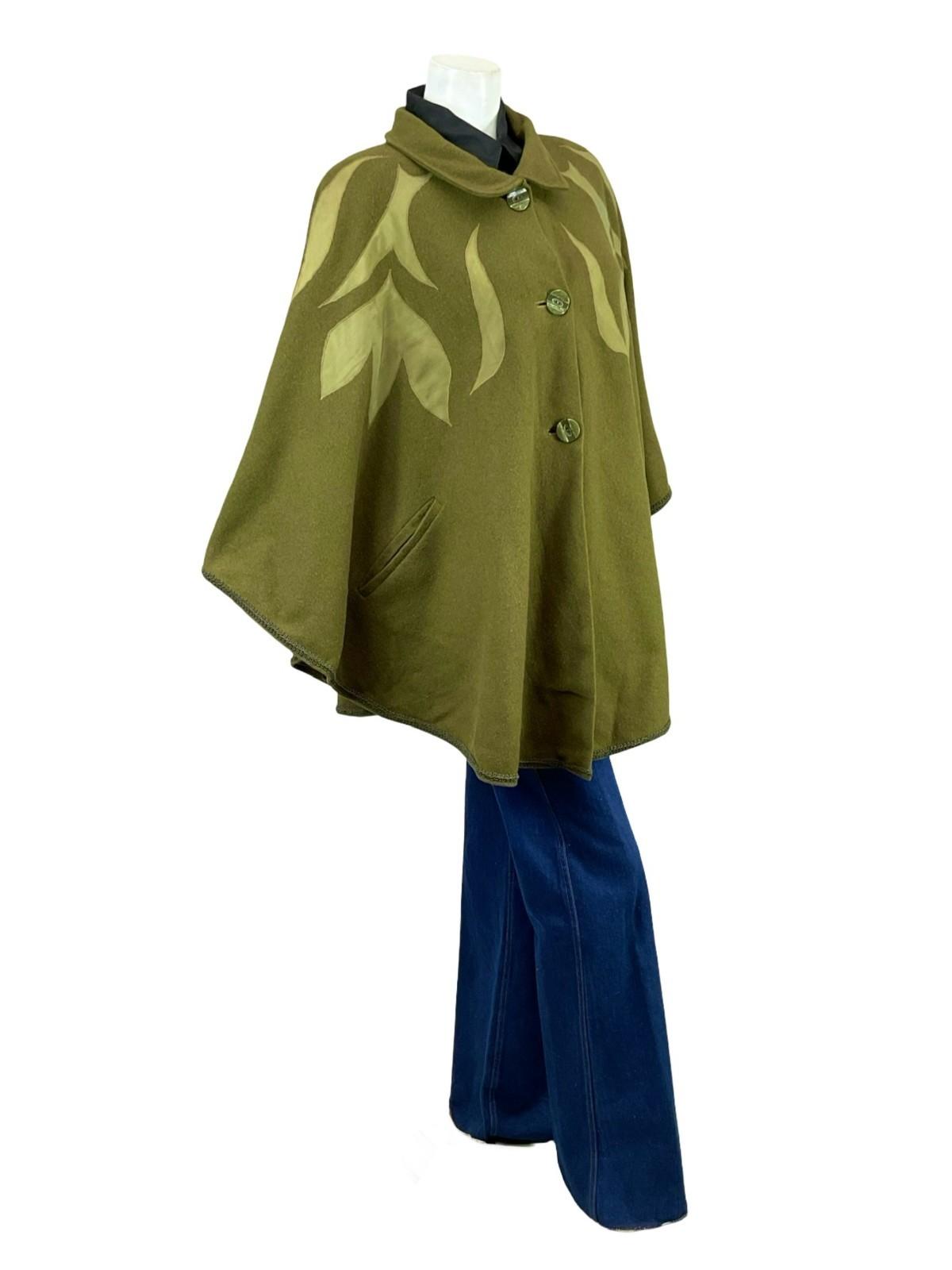 VTG 70S 80S OLIVE GREEN PSYCHEDELIC APPLIQUE BOHO WOOL FELT CAPE 18 16 L