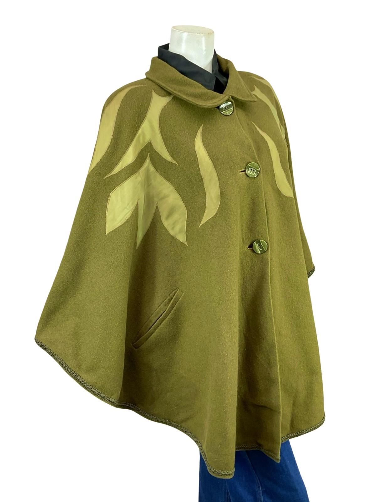 VTG 70S 80S OLIVE GREEN PSYCHEDELIC APPLIQUE BOHO WOOL FELT CAPE 18 16 L