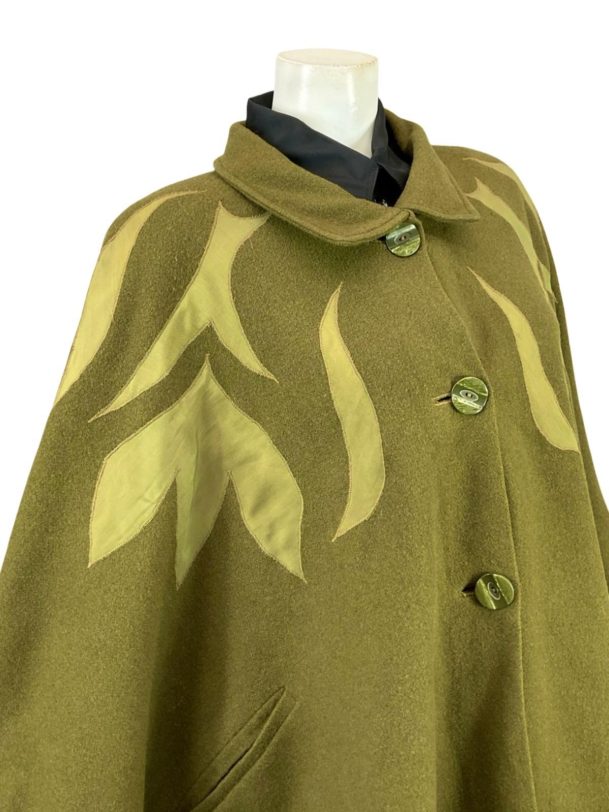 VTG 70S 80S OLIVE GREEN PSYCHEDELIC APPLIQUE BOHO WOOL FELT CAPE 18 16 L