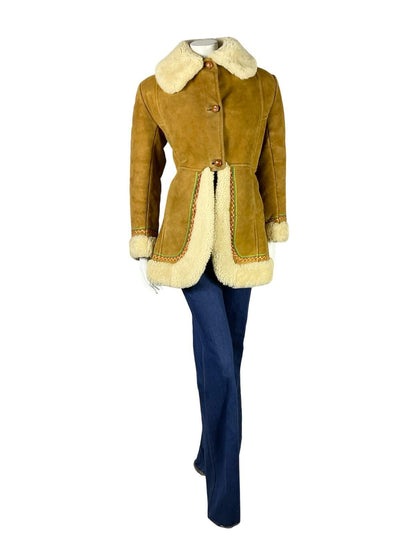 VTG 60S 70S BROWN CREAM SUEDE SHEARLING RED GREEN FLORAL EMBROIDERY COAT 12