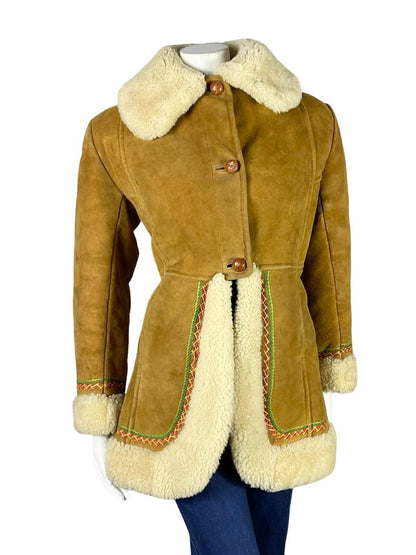VTG 60S 70S BROWN CREAM SUEDE SHEARLING RED GREEN FLORAL EMBROIDERY COAT 12