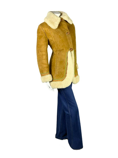 VTG 60S 70S BROWN CREAM SUEDE SHEARLING RED GREEN FLORAL EMBROIDERY COAT 12