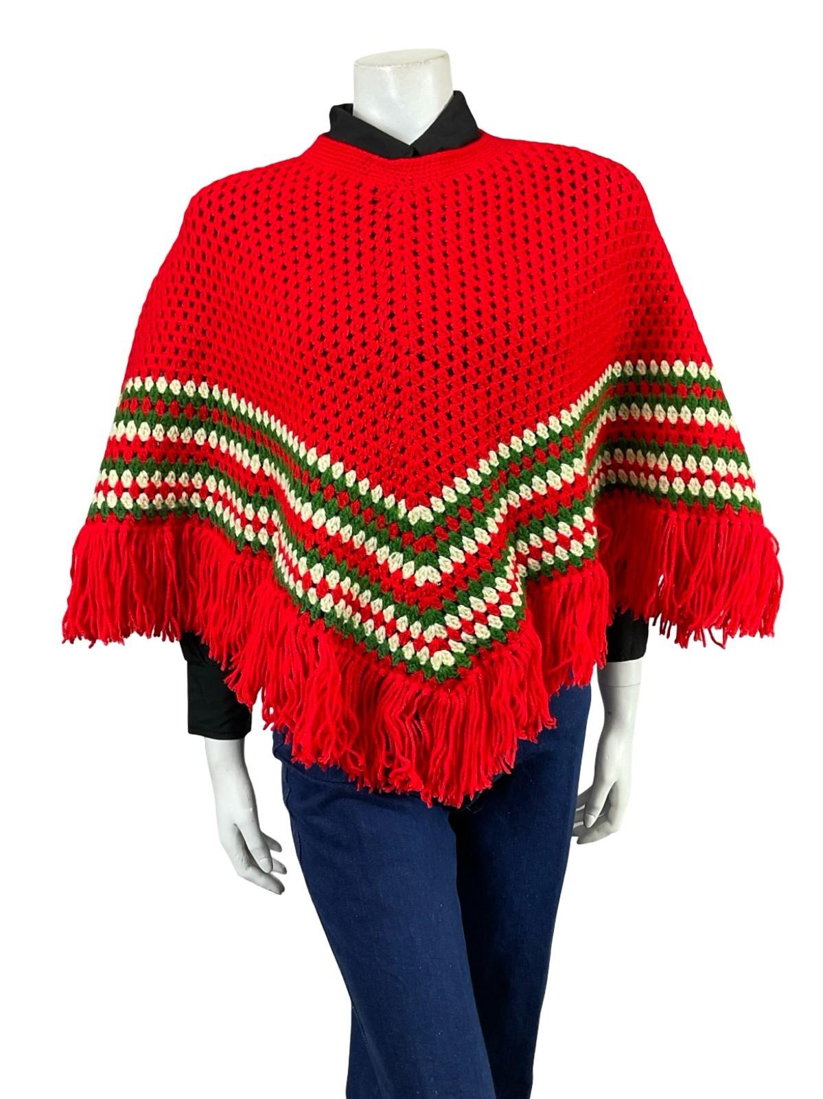 VTG 60S 70S BRIGHT RED GREEN WHITE HIPPY KNITTED CHEVRON FRINGE PONCHO 6 8