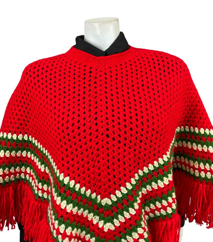 VTG 60S 70S BRIGHT RED GREEN WHITE HIPPY KNITTED CHEVRON FRINGE PONCHO 6 8