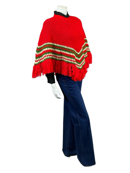 VTG 60S 70S BRIGHT RED GREEN WHITE HIPPY KNITTED CHEVRON FRINGE PONCHO 6 8