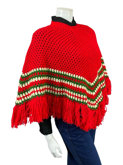 VTG 60S 70S BRIGHT RED GREEN WHITE HIPPY KNITTED CHEVRON FRINGE PONCHO 6 8