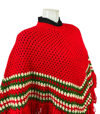 VTG 60S 70S BRIGHT RED GREEN WHITE HIPPY KNITTED CHEVRON FRINGE PONCHO 6 8