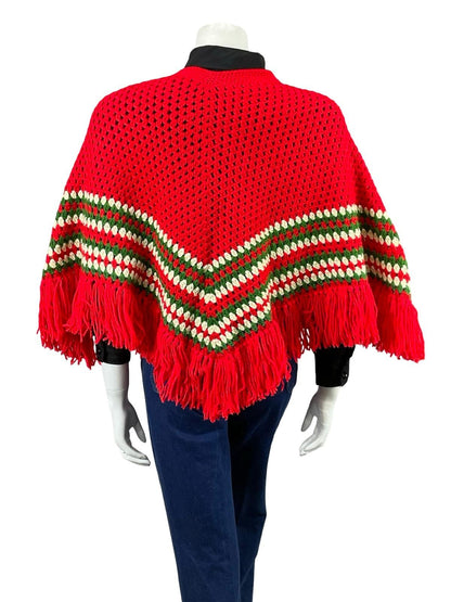 VTG 60S 70S BRIGHT RED GREEN WHITE HIPPY KNITTED CHEVRON FRINGE PONCHO 6 8