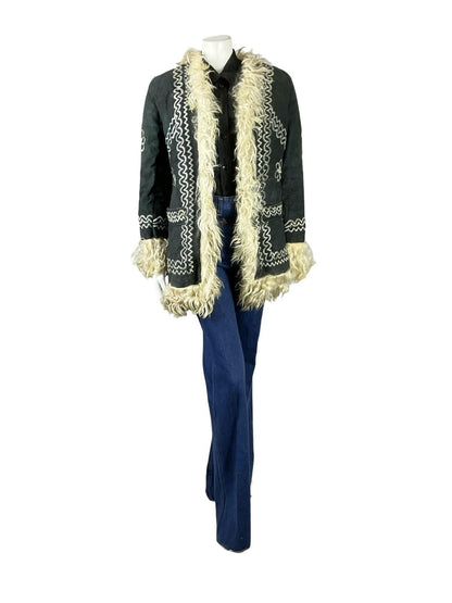 VTG 60S 70S BLACK SUEDE CREAM FLORAL EMBROIDERY BOHO HIPPY SHEARLING COAT 10