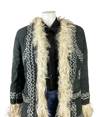 VTG 60S 70S BLACK SUEDE CREAM FLORAL EMBROIDERY BOHO HIPPY SHEARLING COAT 10