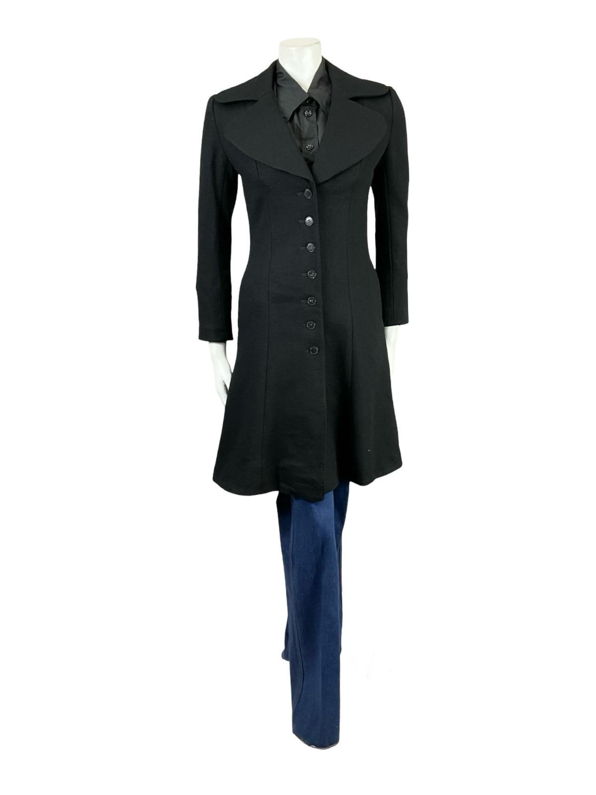 VTG 60S 70S AIDMA MOD BLACK WOOL MONOCHROME ROUNDED LAPEL LONG COAT XS 6