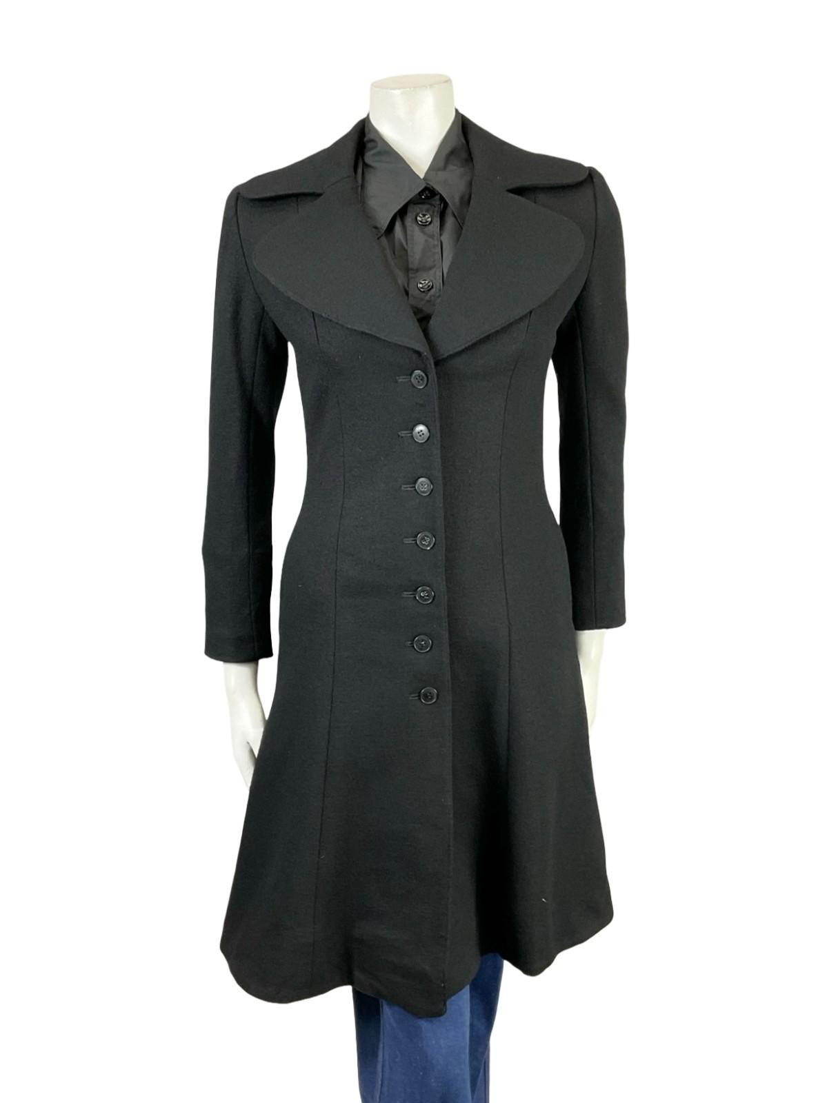 VTG 60S 70S AIDMA MOD BLACK WOOL MONOCHROME ROUNDED LAPEL LONG COAT XS 6