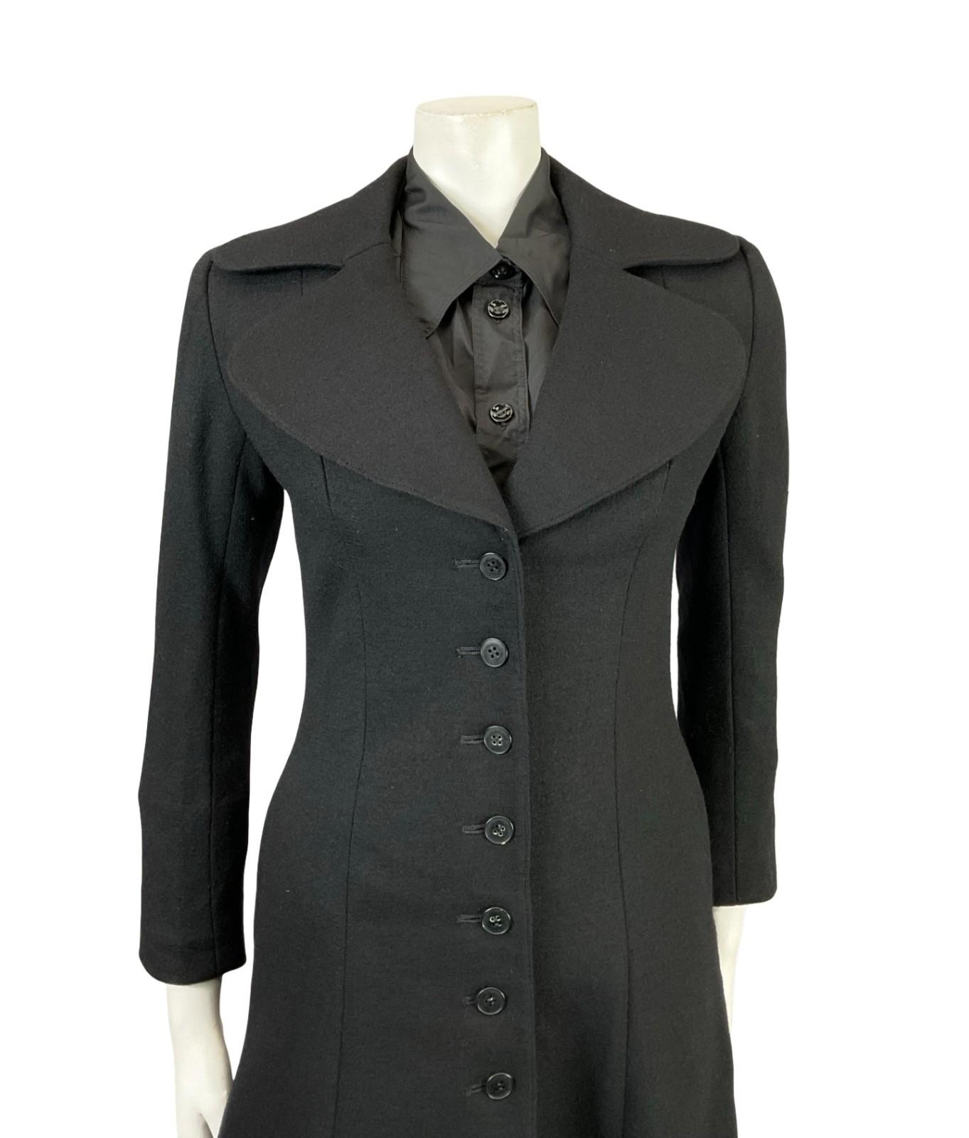 VTG 60S 70S AIDMA MOD BLACK WOOL MONOCHROME ROUNDED LAPEL LONG COAT XS 6