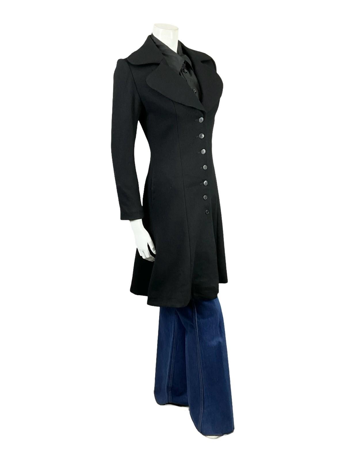 VTG 60S 70S AIDMA MOD BLACK WOOL MONOCHROME ROUNDED LAPEL LONG COAT XS 6