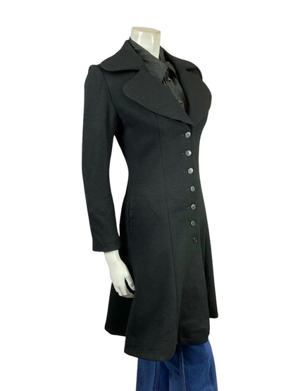 VTG 60S 70S AIDMA MOD BLACK WOOL MONOCHROME ROUNDED LAPEL LONG COAT XS 6