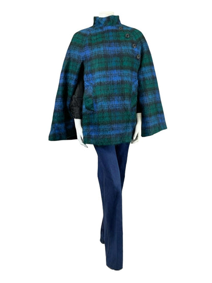 VTG 60S 70S MOD BLUE GREEN BLACK PLAID MOHAIR WOOL BLEND FUNNEL NECK CAPE 10