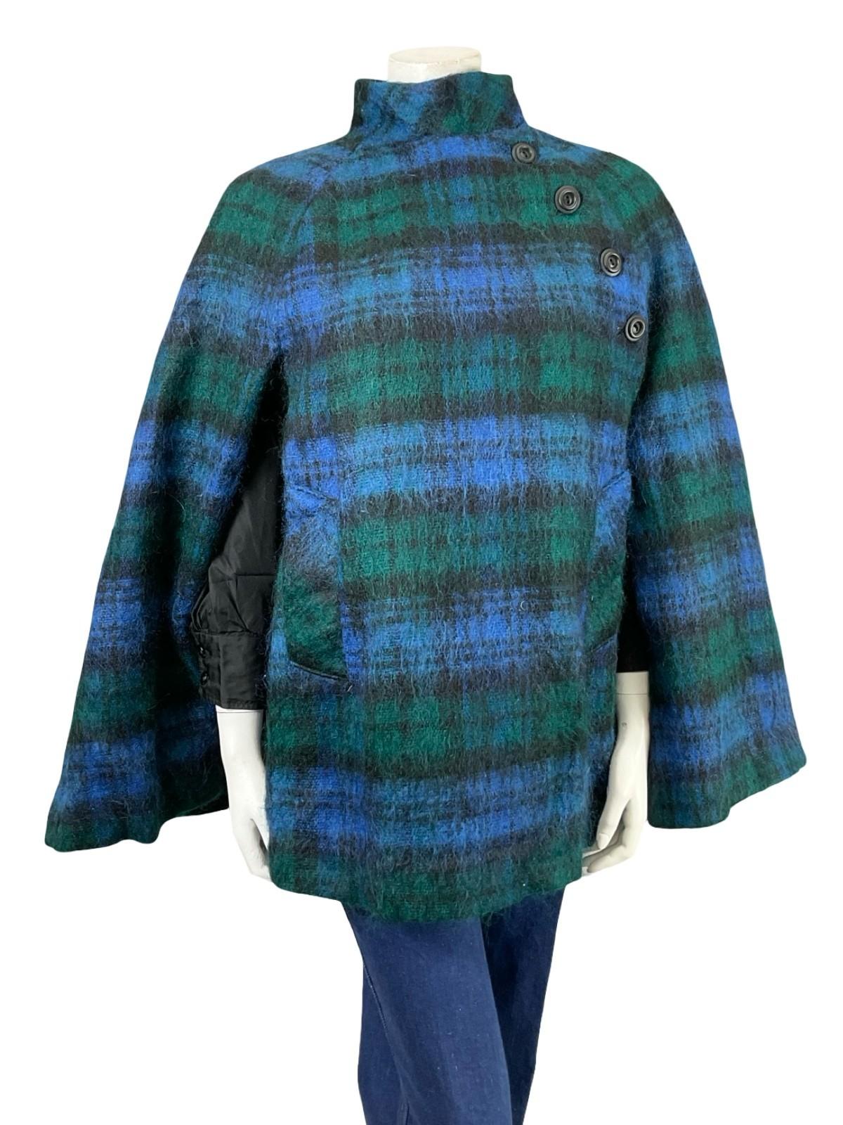 VTG 60S 70S MOD BLUE GREEN BLACK PLAID MOHAIR WOOL BLEND FUNNEL NECK CAPE 10