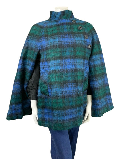 VTG 60S 70S MOD BLUE GREEN BLACK PLAID MOHAIR WOOL BLEND FUNNEL NECK CAPE 10