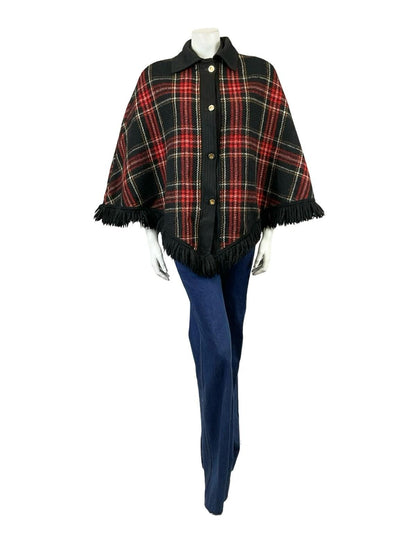 VTG 60S 70S BLACK RED WHITE ORANGE TARTAN PLAID FRINGE CAPE 14 16