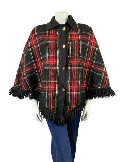 VTG 60S 70S BLACK RED WHITE ORANGE TARTAN PLAID FRINGE CAPE 14 16