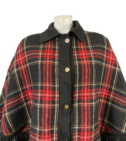 VTG 60S 70S BLACK RED WHITE ORANGE TARTAN PLAID FRINGE CAPE 14 16
