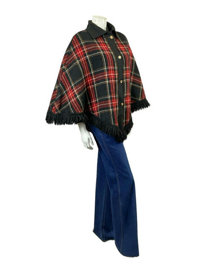 VTG 60S 70S BLACK RED WHITE ORANGE TARTAN PLAID FRINGE CAPE 14 16