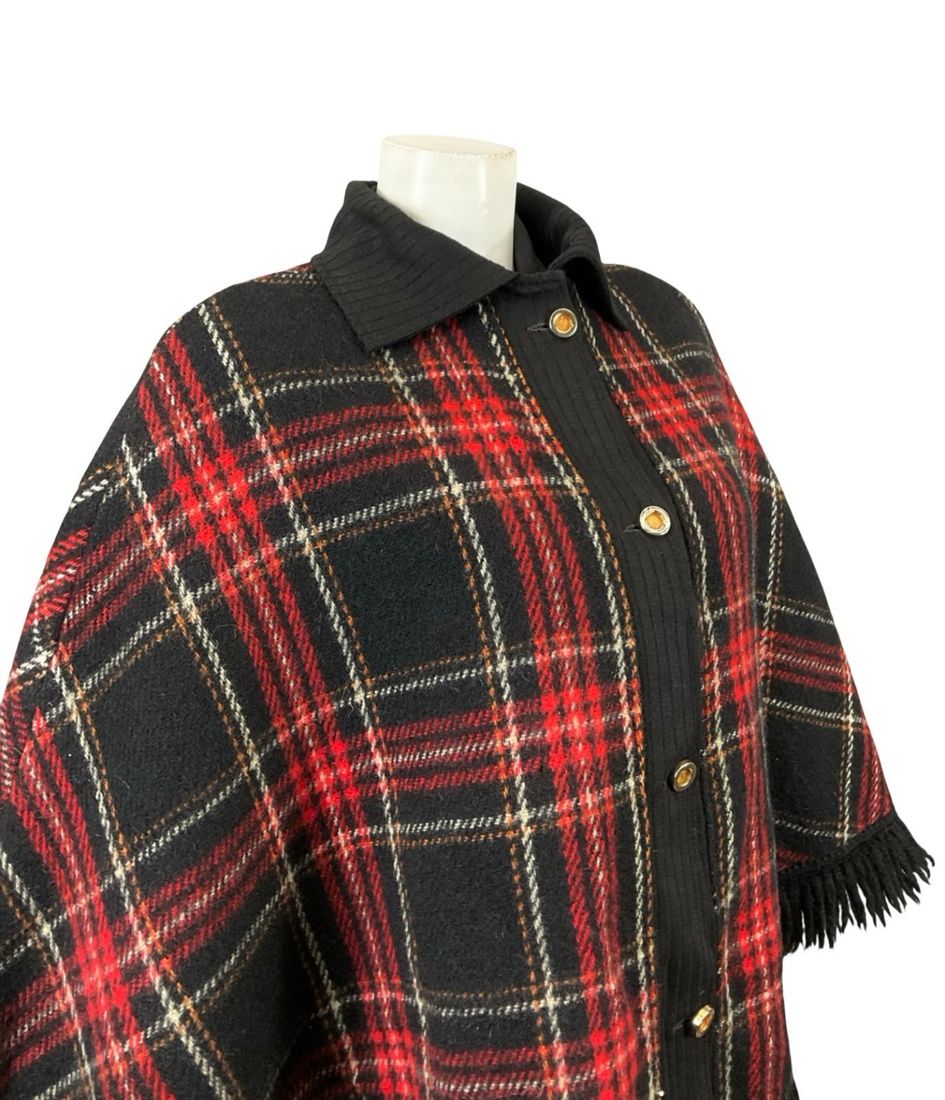 VTG 60S 70S BLACK RED WHITE ORANGE TARTAN PLAID FRINGE CAPE 14 16