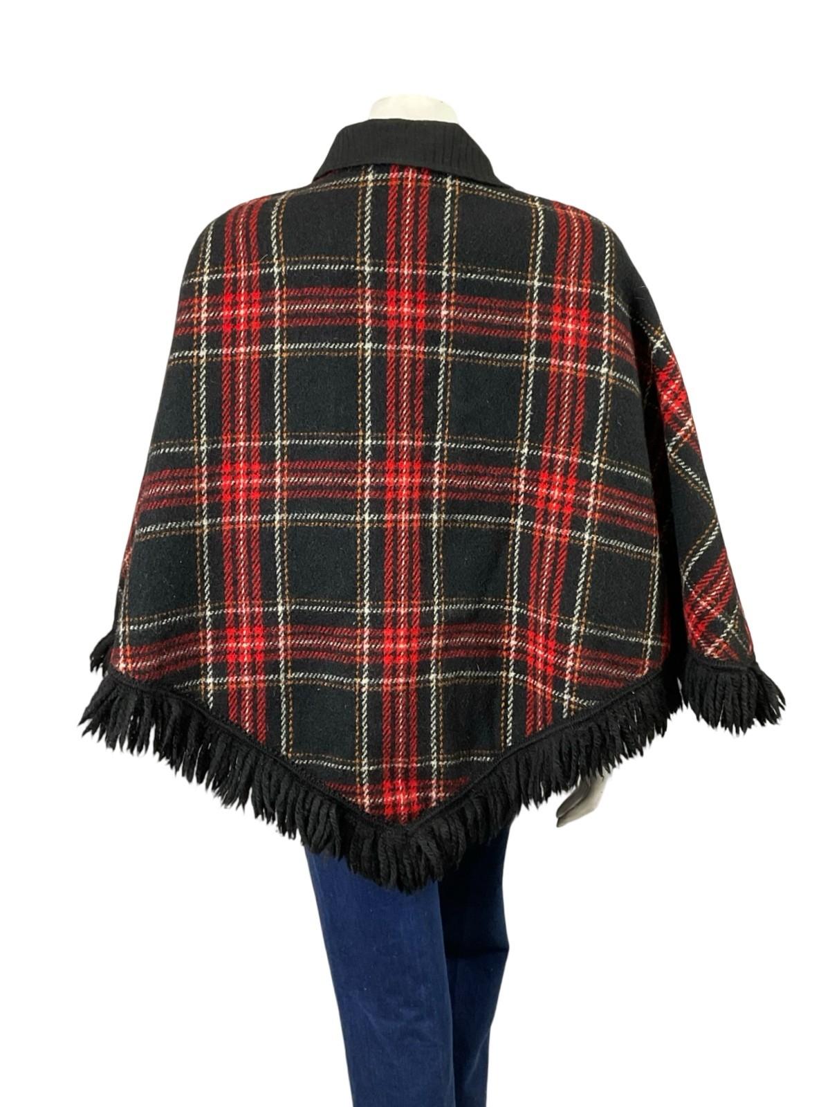 VTG 60S 70S BLACK RED WHITE ORANGE TARTAN PLAID FRINGE CAPE 14 16