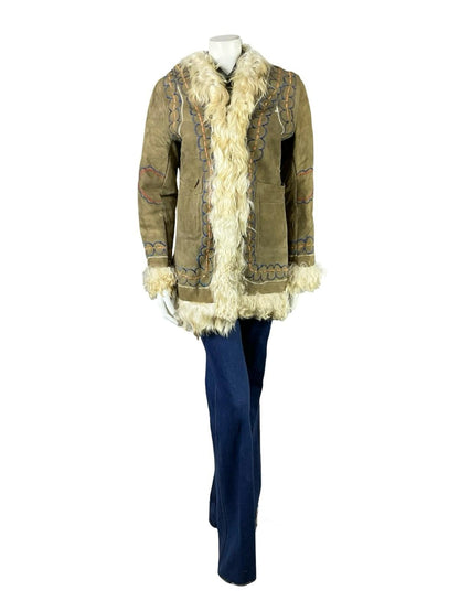 VTG 60S 70S TAN BROWN CREAM SUEDE EMBROIDERED AFGHAN PENNY LANE COAT 10 12