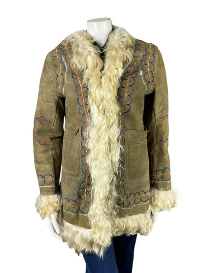 VTG 60S 70S TAN BROWN CREAM SUEDE EMBROIDERED AFGHAN PENNY LANE COAT 10 12
