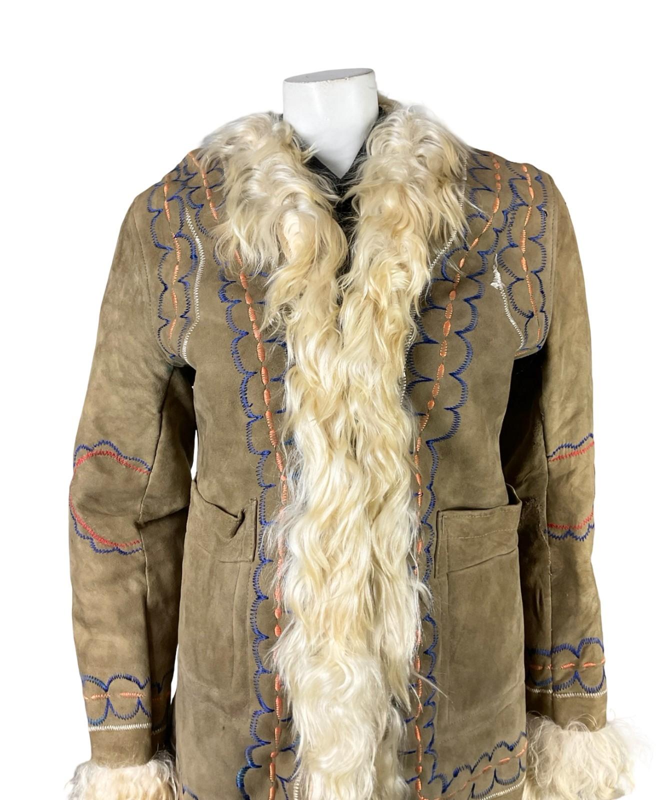 VTG 60S 70S TAN BROWN CREAM SUEDE EMBROIDERED AFGHAN PENNY LANE COAT 10 12