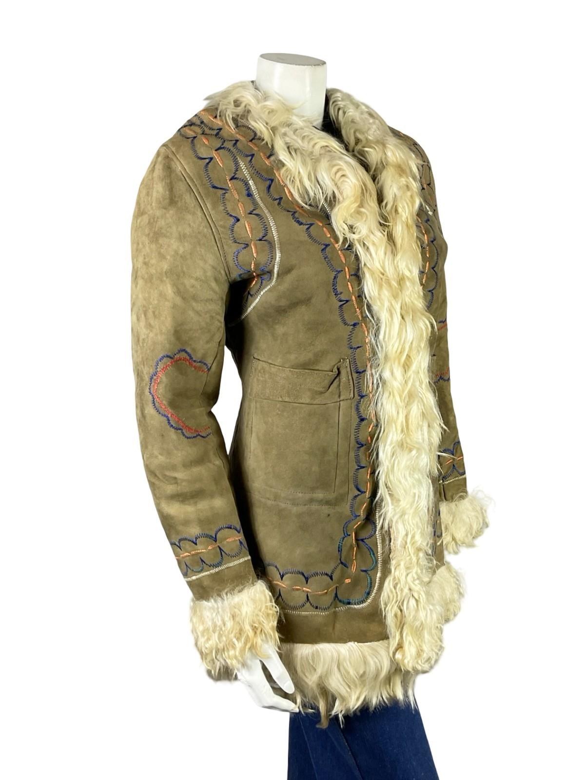 VTG 60S 70S TAN BROWN CREAM SUEDE EMBROIDERED AFGHAN PENNY LANE COAT 10 12
