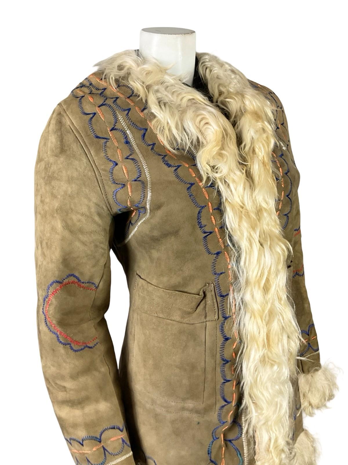 VTG 60S 70S TAN BROWN CREAM SUEDE EMBROIDERED AFGHAN PENNY LANE COAT 10 12