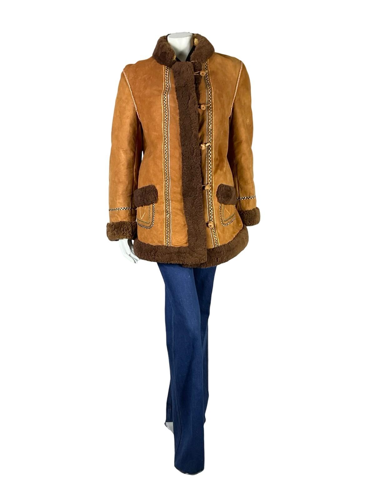 VTG 60S 70S BROWN BLUE BEIGE GREEN PINK EMBROIDERED SUEDE SHEARLING COAT 12 14