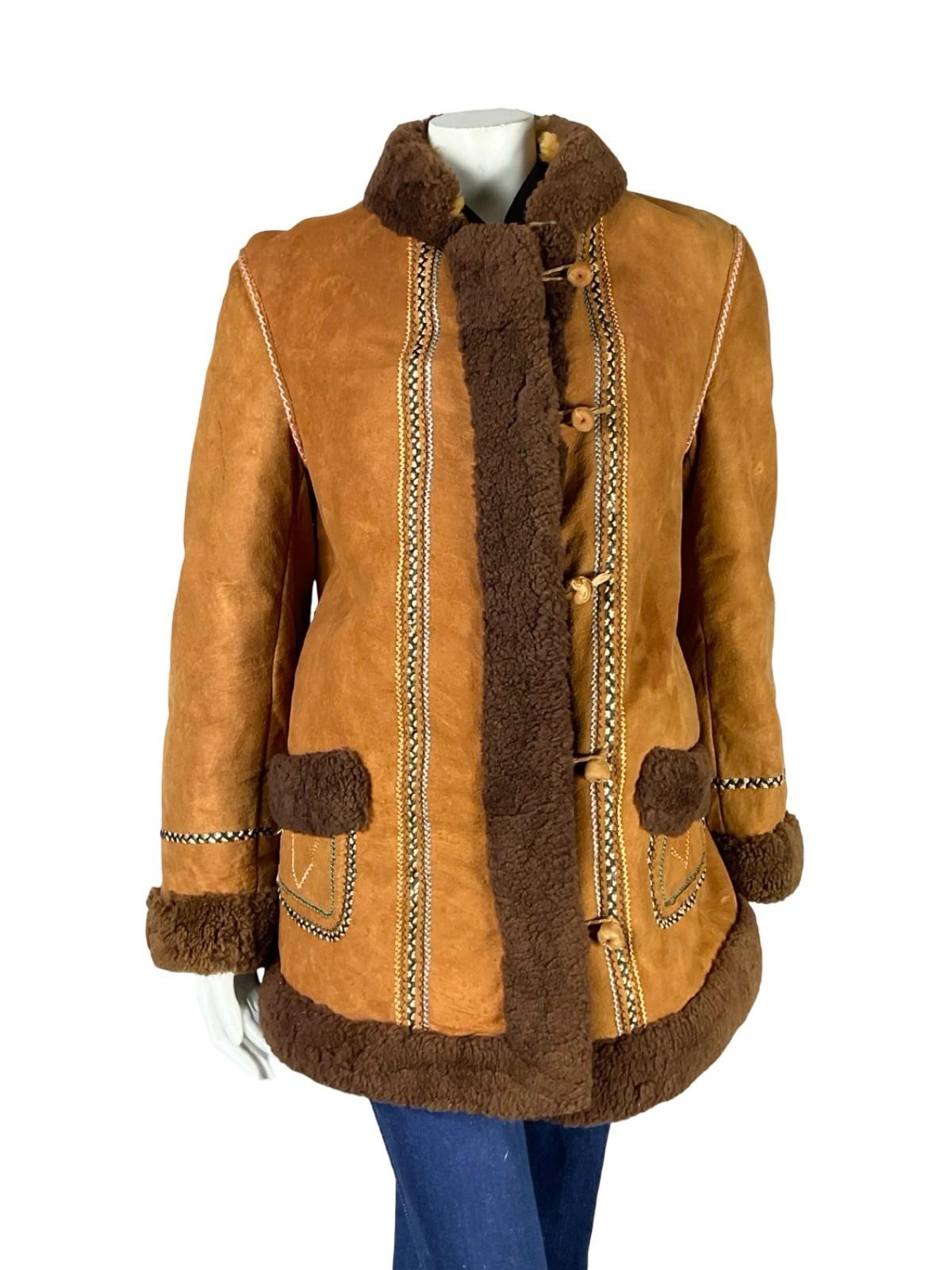 VTG 60S 70S BROWN BLUE BEIGE GREEN PINK EMBROIDERED SUEDE SHEARLING COAT 12 14