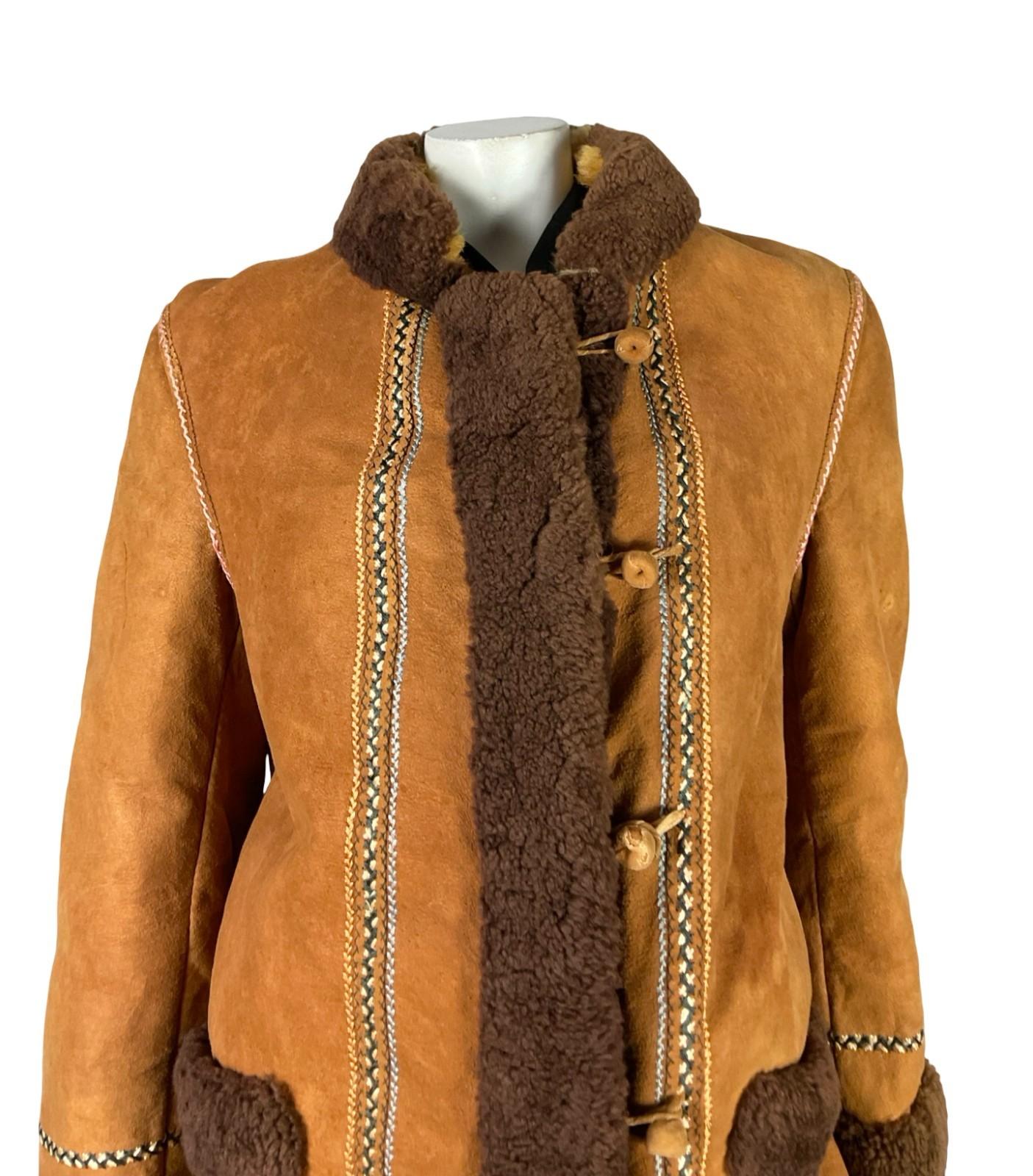 VTG 60S 70S BROWN BLUE BEIGE GREEN PINK EMBROIDERED SUEDE SHEARLING COAT 12 14