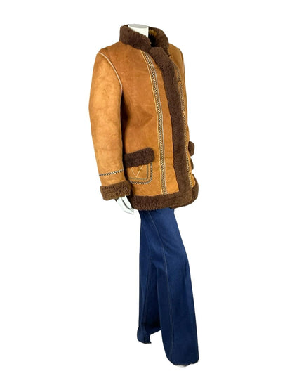 VTG 60S 70S BROWN BLUE BEIGE GREEN PINK EMBROIDERED SUEDE SHEARLING COAT 12 14