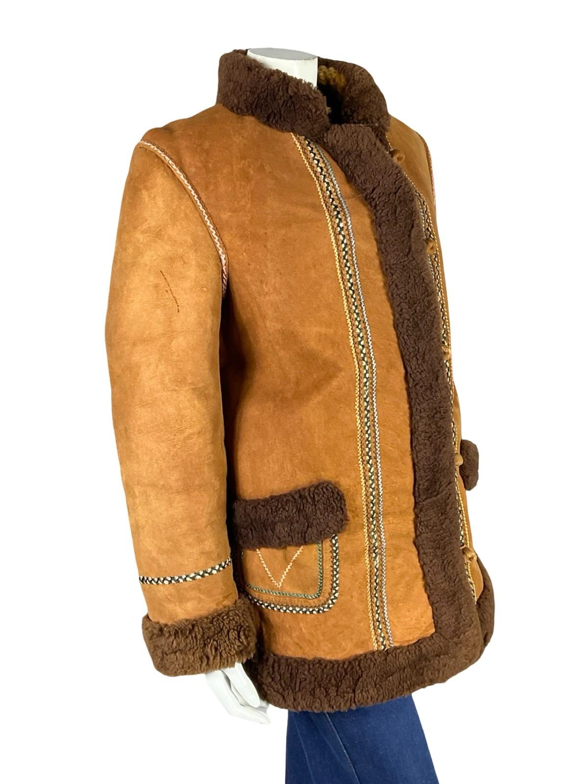 VTG 60S 70S BROWN BLUE BEIGE GREEN PINK EMBROIDERED SUEDE SHEARLING COAT 12 14