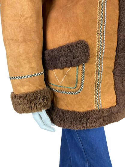 VTG 60S 70S BROWN BLUE BEIGE GREEN PINK EMBROIDERED SUEDE SHEARLING COAT 12 14