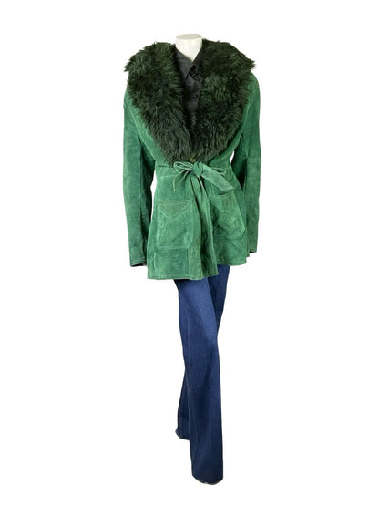 VTG 60S 70S GREEN SUEDE TIE FRONT PLUNGING BOHO HIPPY SHEARLING COAT 16