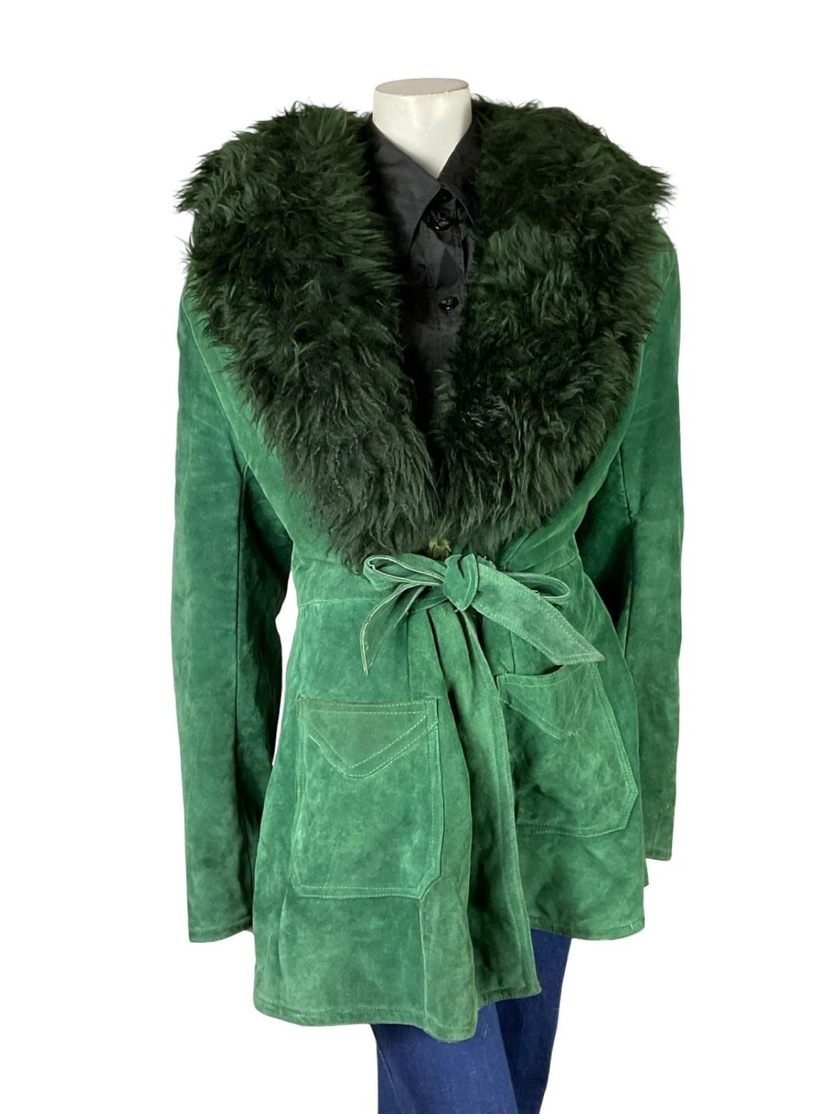 VTG 60S 70S GREEN SUEDE TIE FRONT PLUNGING BOHO HIPPY SHEARLING COAT 16